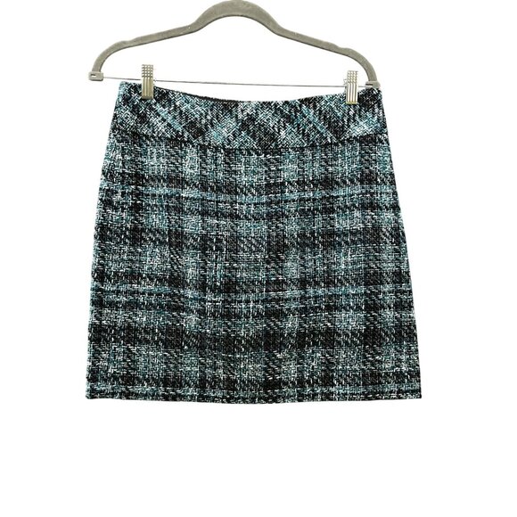 Loft Tweed Mini Skirt Womens 6 Teal Blue Black Plaid Wool Blend Formal - Picture 1 of 12